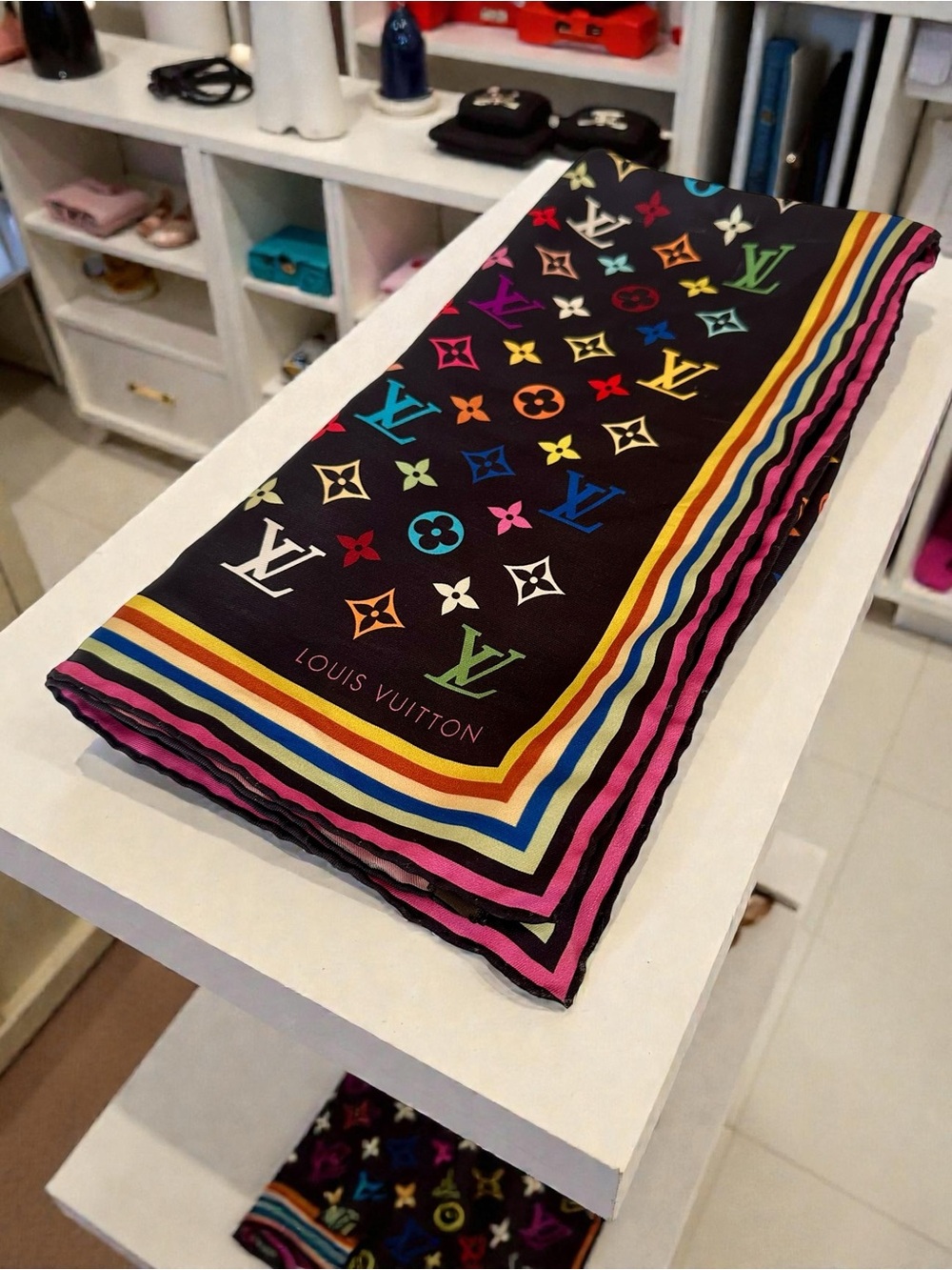 Louis Vuitton Black Multicolor Monogram Silk Scarf